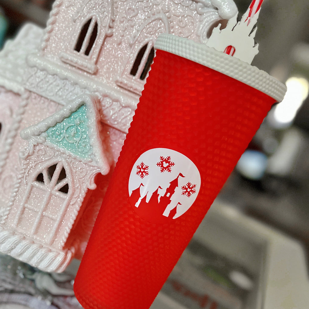 Castle on Red Studded Tumbler w/ Straw Topper