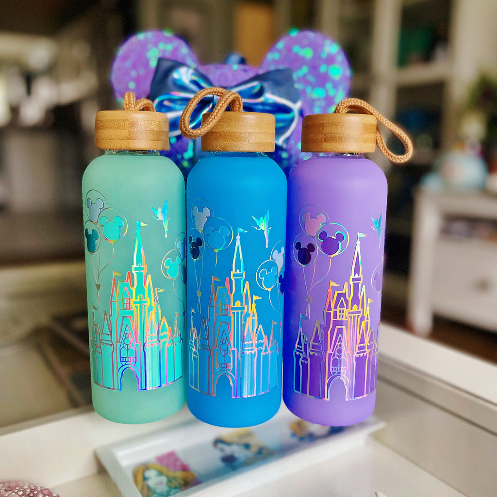 Pastel Castle w/ Balloons and Fairy on Glass Water Bottle