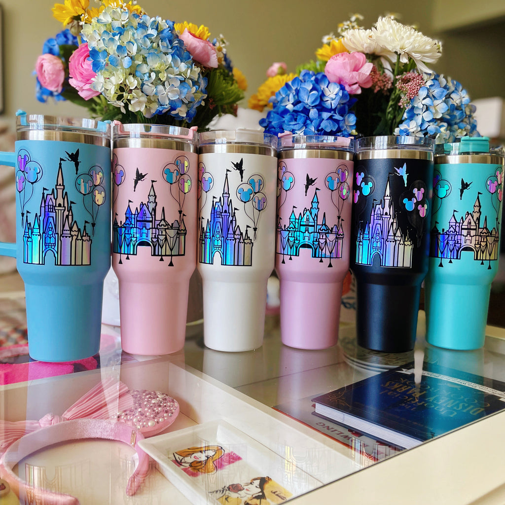 Tinkerbell Cup 40 Oz Disneytinker Bell Castle Glitter Pattern 40Oz  Stainless Steel Stanley Tumbler With Handle And Straw Lid Dreams Are  Forever - Laughinks