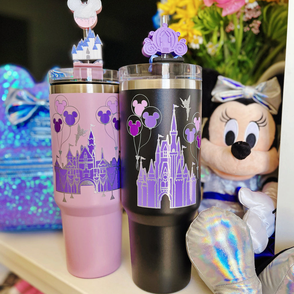 100th Anniversary Purple Castle with Ombre Balloons on 40 oz Quencher Inspired Stainless Steel Tumbler