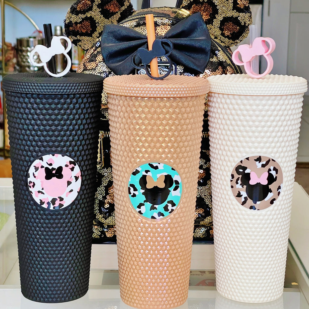 Mouse Head w/ Bow and Leopard Pattern Inspired Studded Tumbler w/ Mouse w/ Bow Straw Buddy