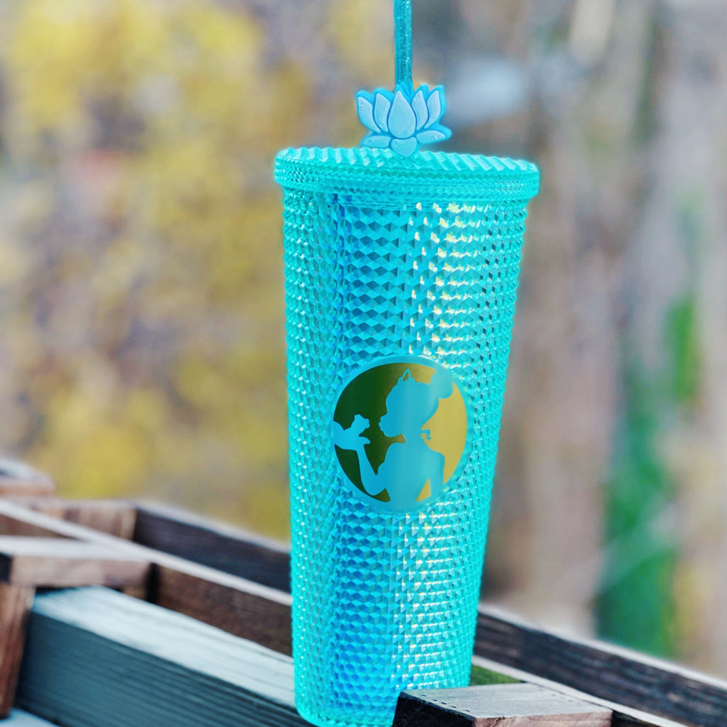 PREORDER  Princess w/ Frog Inspired Aqua Bling Studded Tumbler w/ mystery Matching Straw Buddy