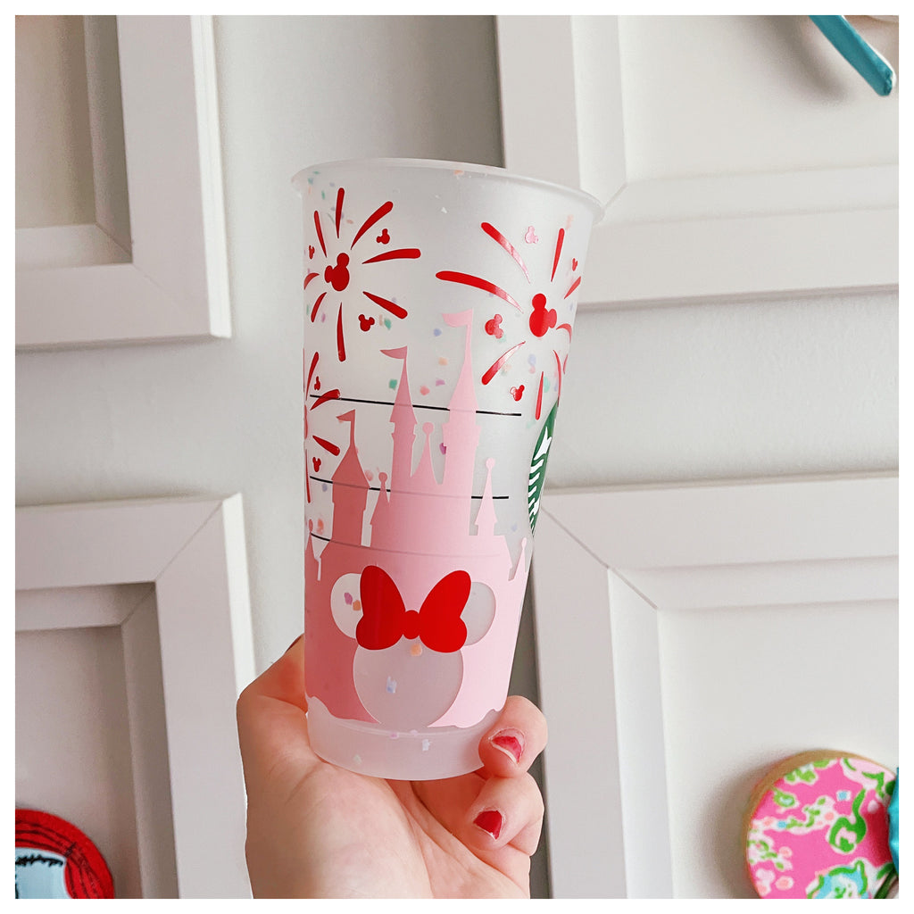 Pink Castle w/ Red Fireworks Venti on Confetti Color Changing Cold Cup